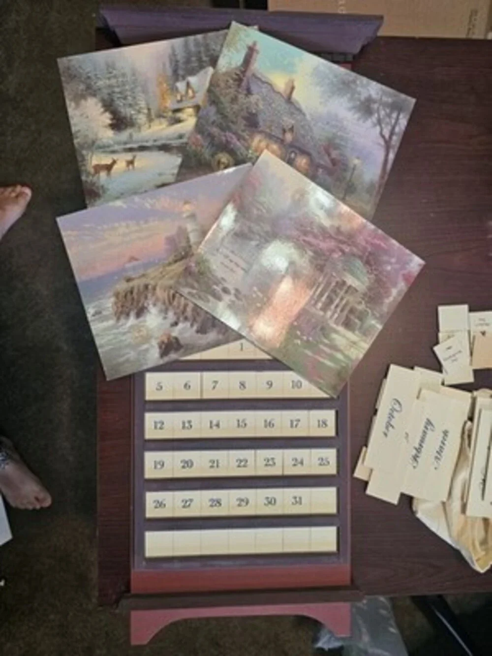 Thomas Kinkade Wooden Wall-Mounted Perpetual Calendar w/ 4 Art Prints Tiles